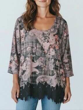 Fresh FX Floral Plaid Paisley Patchwork Tunic Top Black 3D Floral Appliqué Boho